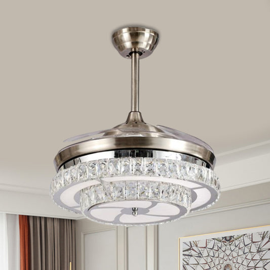 Crystal Block Circle Semi Mount Lighting Modernism LED Hanging Fan Light in Chrome with 4-Blade, 19" Wide Clearhalo 'Ceiling Fans with Lights' 'Ceiling Fans' 'Modern Ceiling Fans' 'Modern' Lighting' 1724954