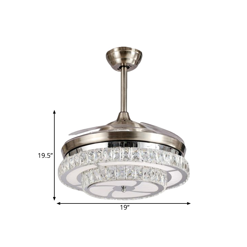 Crystal Block Circle Semi Mount Lighting Modernism LED Hanging Fan Light in Chrome with 4-Blade, 19" Wide Clearhalo 'Ceiling Fans with Lights' 'Ceiling Fans' 'Modern Ceiling Fans' 'Modern' Lighting' 1724956