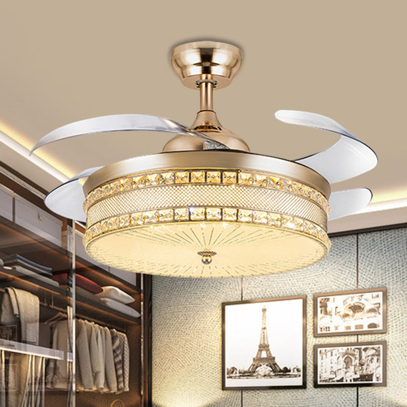Faceted Crystal Drum Pendant Fan Light Modernist 19" Width LED Gold Semi Flush Lamp with 4 Blades Gold Clearhalo 'Ceiling Fans with Lights' 'Ceiling Fans' 'Modern Ceiling Fans' 'Modern' Lighting' 1724957