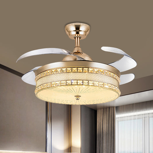 Faceted Crystal Drum Pendant Fan Light Modernist 19" Width LED Gold Semi Flush Lamp with 4 Blades Clearhalo 'Ceiling Fans with Lights' 'Ceiling Fans' 'Modern Ceiling Fans' 'Modern' Lighting' 1724958