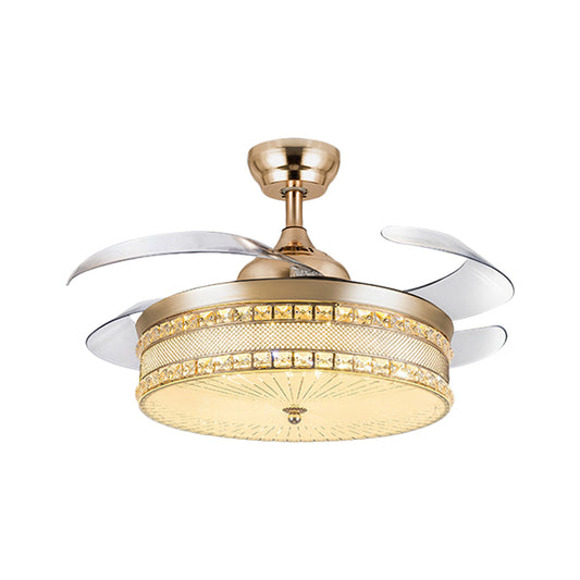 Faceted Crystal Drum Pendant Fan Light Modernist 19" Width LED Gold Semi Flush Lamp with 4 Blades Clearhalo 'Ceiling Fans with Lights' 'Ceiling Fans' 'Modern Ceiling Fans' 'Modern' Lighting' 1724959