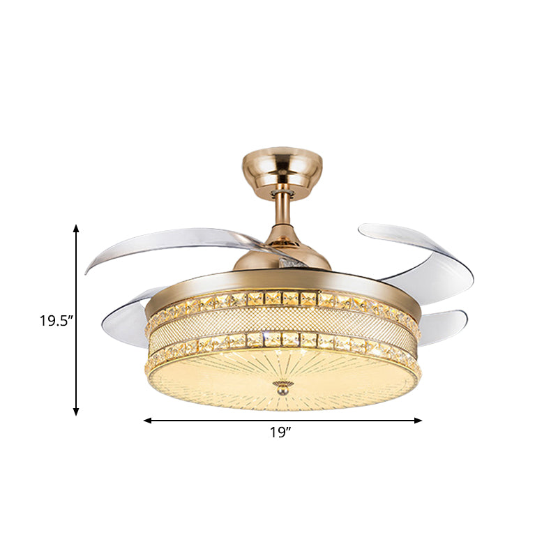 Faceted Crystal Drum Pendant Fan Light Modernist 19" Width LED Gold Semi Flush Lamp with 4 Blades Clearhalo 'Ceiling Fans with Lights' 'Ceiling Fans' 'Modern Ceiling Fans' 'Modern' Lighting' 1724960