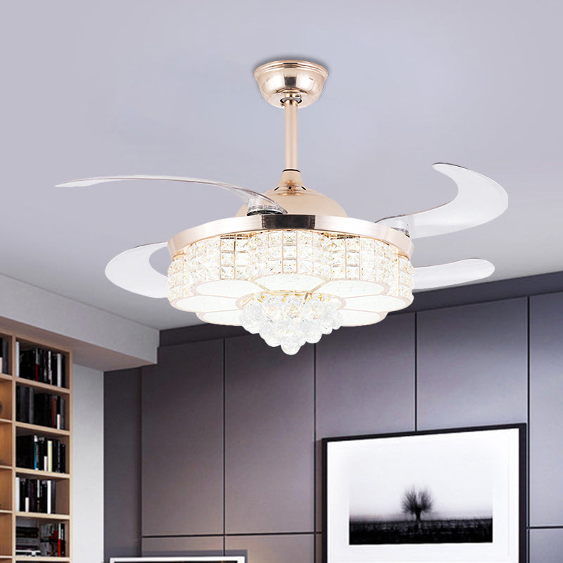 4 Blades Gold LED Floral Semi Flush Simple Crystal Block Pendant Fan Light Fixture, 19" Width Clearhalo 'Ceiling Fans with Lights' 'Ceiling Fans' 'Modern Ceiling Fans' 'Modern' Lighting' 1724962