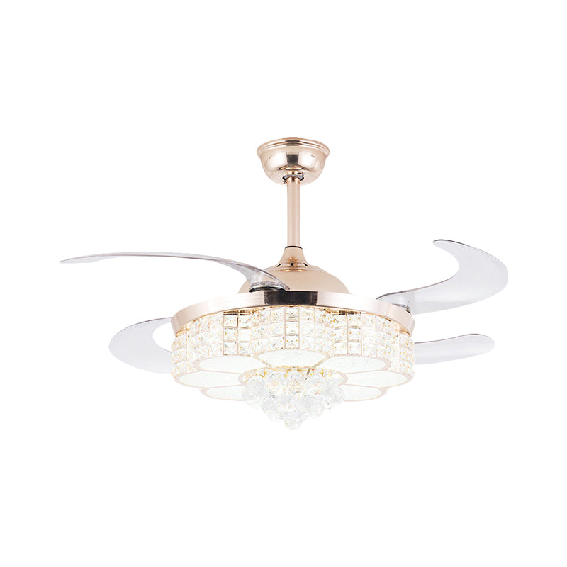 4 Blades Gold LED Floral Semi Flush Simple Crystal Block Pendant Fan Light Fixture, 19" Width Clearhalo 'Ceiling Fans with Lights' 'Ceiling Fans' 'Modern Ceiling Fans' 'Modern' Lighting' 1724963