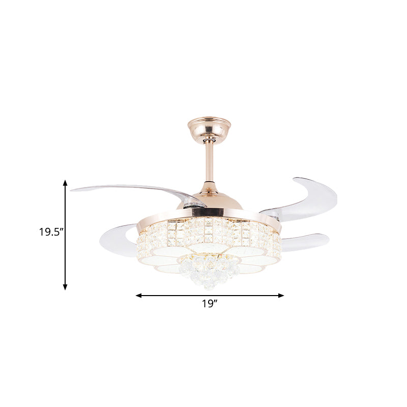 4 Blades Gold LED Floral Semi Flush Simple Crystal Block Pendant Fan Light Fixture, 19" Width Clearhalo 'Ceiling Fans with Lights' 'Ceiling Fans' 'Modern Ceiling Fans' 'Modern' Lighting' 1724964