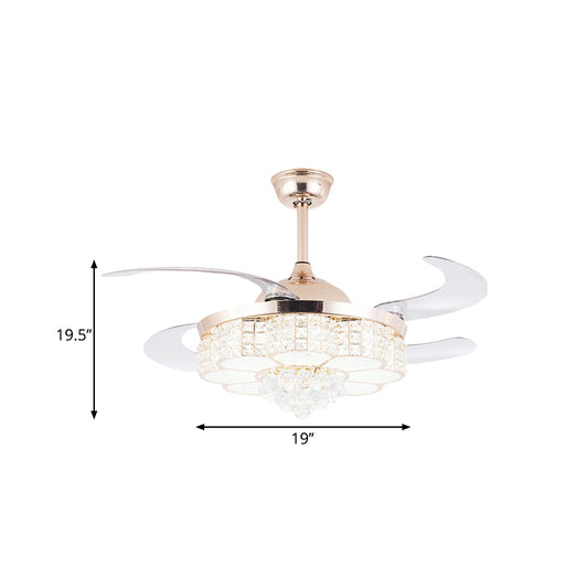 4 Blades Gold LED Floral Semi Flush Simple Crystal Block Pendant Fan Light Fixture, 19" Width Clearhalo 'Ceiling Fans with Lights' 'Ceiling Fans' 'Modern Ceiling Fans' 'Modern' Lighting' 1724964