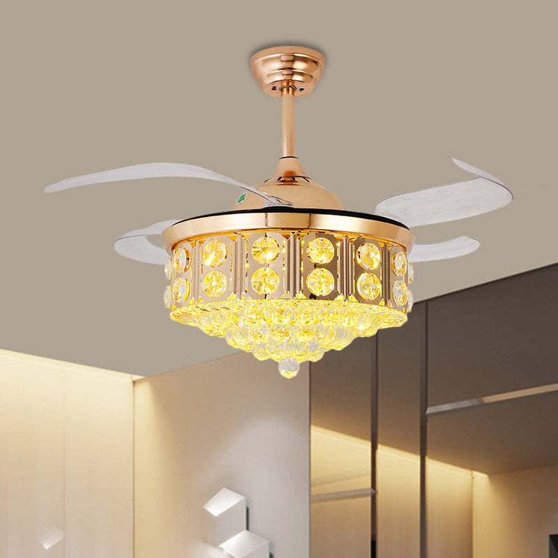 19" W Modern LED Ceiling Fan Light Gold Conical Semi Flush Mount with Faceted Crystal Shade, 4-Blade Gold Clearhalo 'Ceiling Fans with Lights' 'Ceiling Fans' 'Modern Ceiling Fans' 'Modern' Lighting' 1724965