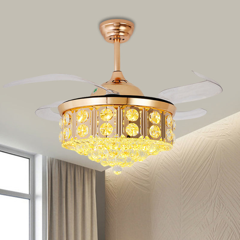 19" W Modern LED Ceiling Fan Light Gold Conical Semi Flush Mount with Faceted Crystal Shade, 4-Blade Clearhalo 'Ceiling Fans with Lights' 'Ceiling Fans' 'Modern Ceiling Fans' 'Modern' Lighting' 1724966