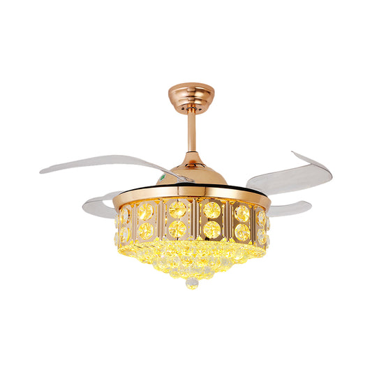 19" W Modern LED Ceiling Fan Light Gold Conical Semi Flush Mount with Faceted Crystal Shade, 4-Blade Clearhalo 'Ceiling Fans with Lights' 'Ceiling Fans' 'Modern Ceiling Fans' 'Modern' Lighting' 1724967