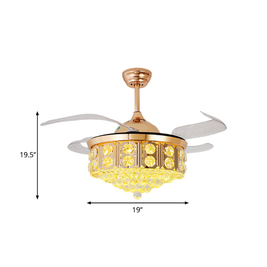 19" W Modern LED Ceiling Fan Light Gold Conical Semi Flush Mount with Faceted Crystal Shade, 4-Blade Clearhalo 'Ceiling Fans with Lights' 'Ceiling Fans' 'Modern Ceiling Fans' 'Modern' Lighting' 1724968