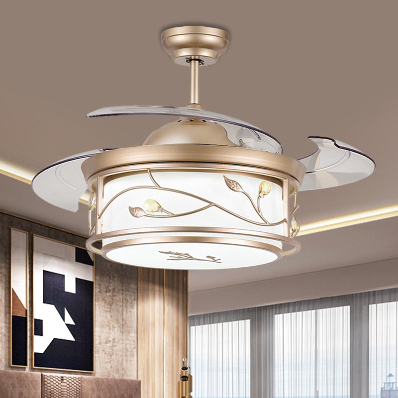 Drum Acrylic Semi Flush Mount Lamp Contemporary 19" W LED Gold Ceiling Fan Light Fixture with Vine Design, 4 Blades Gold Clearhalo 'Ceiling Fans with Lights' 'Ceiling Fans' 'Modern Ceiling Fans' 'Modern' Lighting' 1724969