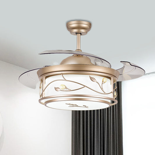Drum Acrylic Semi Flush Mount Lamp Contemporary 19" W LED Gold Ceiling Fan Light Fixture with Vine Design, 4 Blades Clearhalo 'Ceiling Fans with Lights' 'Ceiling Fans' 'Modern Ceiling Fans' 'Modern' Lighting' 1724970