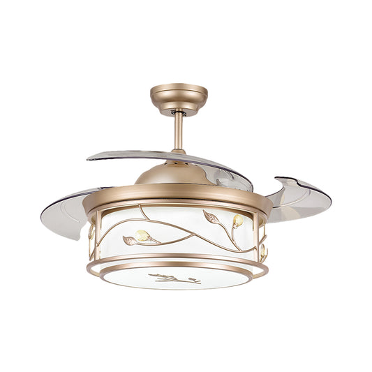 Drum Acrylic Semi Flush Mount Lamp Contemporary 19" W LED Gold Ceiling Fan Light Fixture with Vine Design, 4 Blades Clearhalo 'Ceiling Fans with Lights' 'Ceiling Fans' 'Modern Ceiling Fans' 'Modern' Lighting' 1724971