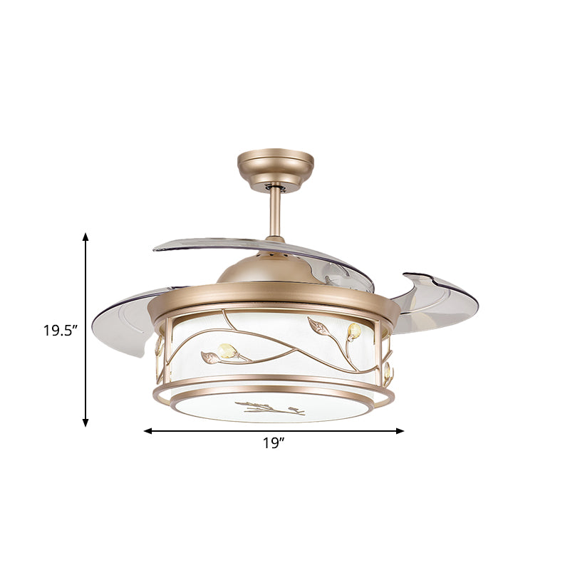 Drum Acrylic Semi Flush Mount Lamp Contemporary 19" W LED Gold Ceiling Fan Light Fixture with Vine Design, 4 Blades Clearhalo 'Ceiling Fans with Lights' 'Ceiling Fans' 'Modern Ceiling Fans' 'Modern' Lighting' 1724972
