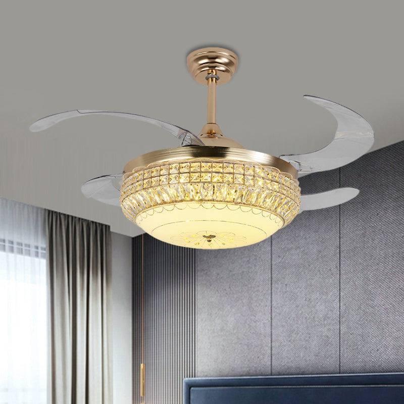 19" W Dome Living Room Hanging Fan Light Acrylic LED Minimalist Semi Flush with Crystal Deco in Gold, 4 Blades Gold Clearhalo 'Ceiling Fans with Lights' 'Ceiling Fans' 'Modern Ceiling Fans' 'Modern' Lighting' 1724973