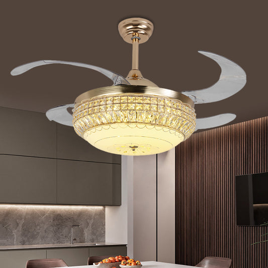19" W Dome Living Room Hanging Fan Light Acrylic LED Minimalist Semi Flush with Crystal Deco in Gold, 4 Blades Clearhalo 'Ceiling Fans with Lights' 'Ceiling Fans' 'Modern Ceiling Fans' 'Modern' Lighting' 1724974