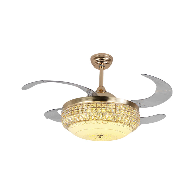 19" W Dome Living Room Hanging Fan Light Acrylic LED Minimalist Semi Flush with Crystal Deco in Gold, 4 Blades Clearhalo 'Ceiling Fans with Lights' 'Ceiling Fans' 'Modern Ceiling Fans' 'Modern' Lighting' 1724975