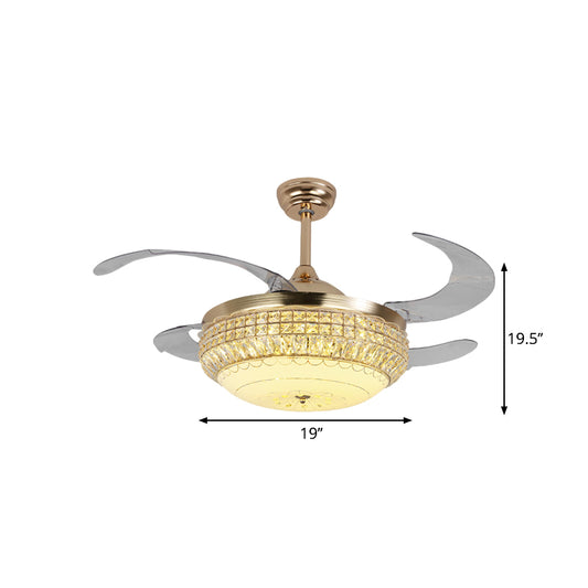 19" W Dome Living Room Hanging Fan Light Acrylic LED Minimalist Semi Flush with Crystal Deco in Gold, 4 Blades Clearhalo 'Ceiling Fans with Lights' 'Ceiling Fans' 'Modern Ceiling Fans' 'Modern' Lighting' 1724976