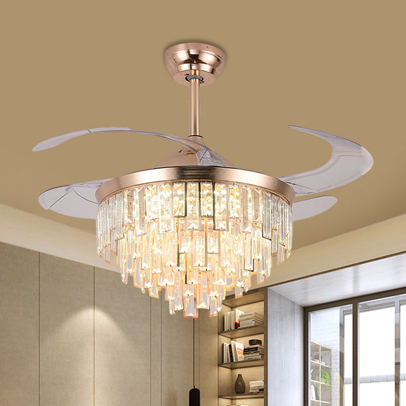 Tapered LED Semi Flush Mount Simplicity Crystal Rectangle Rose Gold 4-Blade Hanging Fan Lamp, 19" Wide Clearhalo 'Ceiling Fans with Lights' 'Ceiling Fans' 'Modern Ceiling Fans' 'Modern' Lighting' 1724978