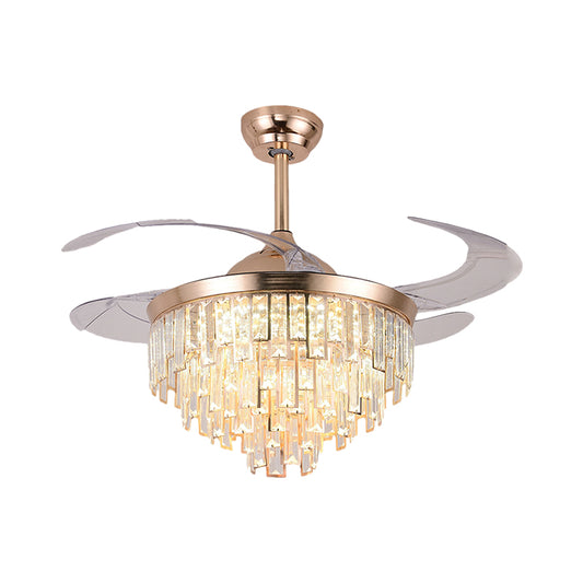 Tapered LED Semi Flush Mount Simplicity Crystal Rectangle Rose Gold 4-Blade Hanging Fan Lamp, 19" Wide Clearhalo 'Ceiling Fans with Lights' 'Ceiling Fans' 'Modern Ceiling Fans' 'Modern' Lighting' 1724979
