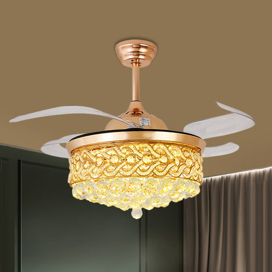 4-Blade LED Parlor Pendant Fan Lamp Modern Gold/Silver Semi Flush Light with Round Cut Crystal Shade, 19" W Gold Clearhalo 'Ceiling Fans with Lights' 'Ceiling Fans' 'Modern Ceiling Fans' 'Modern' Lighting' 1724981