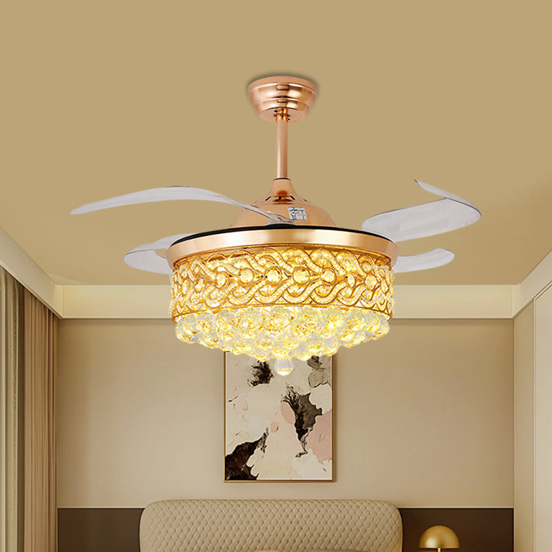 4-Blade LED Parlor Pendant Fan Lamp Modern Gold/Silver Semi Flush Light with Round Cut Crystal Shade, 19" W Clearhalo 'Ceiling Fans with Lights' 'Ceiling Fans' 'Modern Ceiling Fans' 'Modern' Lighting' 1724982