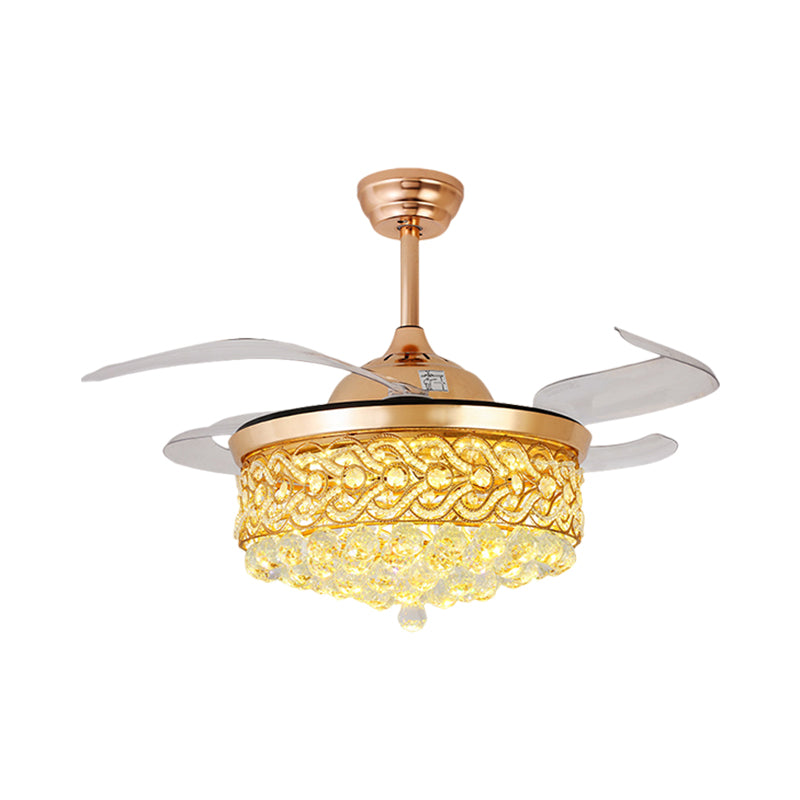 4-Blade LED Parlor Pendant Fan Lamp Modern Gold/Silver Semi Flush Light with Round Cut Crystal Shade, 19" W Clearhalo 'Ceiling Fans with Lights' 'Ceiling Fans' 'Modern Ceiling Fans' 'Modern' Lighting' 1724983