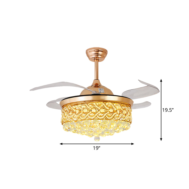 4-Blade LED Parlor Pendant Fan Lamp Modern Gold/Silver Semi Flush Light with Round Cut Crystal Shade, 19" W Clearhalo 'Ceiling Fans with Lights' 'Ceiling Fans' 'Modern Ceiling Fans' 'Modern' Lighting' 1724984