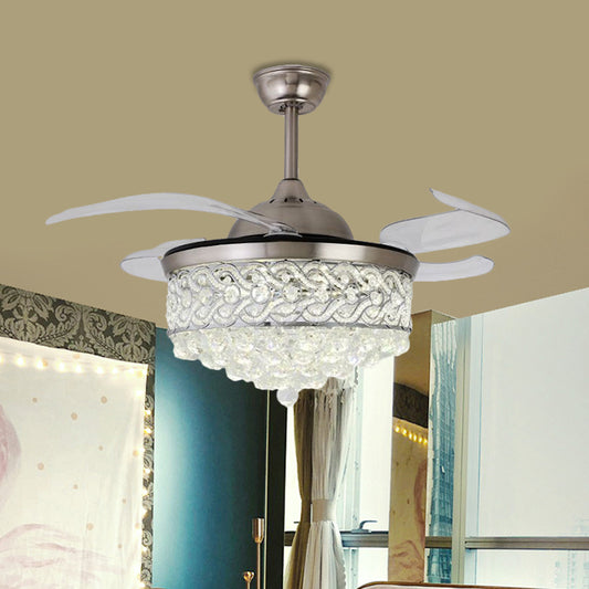 4-Blade LED Parlor Pendant Fan Lamp Modern Gold/Silver Semi Flush Light with Round Cut Crystal Shade, 19" W Clearhalo 'Ceiling Fans with Lights' 'Ceiling Fans' 'Modern Ceiling Fans' 'Modern' Lighting' 1724986