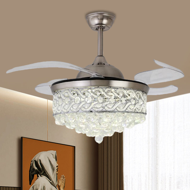 4-Blade LED Parlor Pendant Fan Lamp Modern Gold/Silver Semi Flush Light with Round Cut Crystal Shade, 19" W Clearhalo 'Ceiling Fans with Lights' 'Ceiling Fans' 'Modern Ceiling Fans' 'Modern' Lighting' 1724987