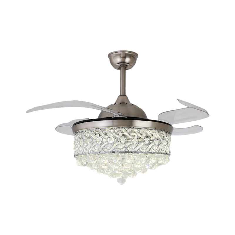 4-Blade LED Parlor Pendant Fan Lamp Modern Gold/Silver Semi Flush Light with Round Cut Crystal Shade, 19" W Clearhalo 'Ceiling Fans with Lights' 'Ceiling Fans' 'Modern Ceiling Fans' 'Modern' Lighting' 1724988