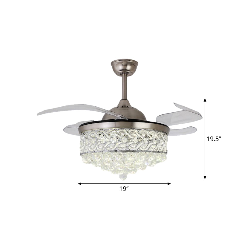 4-Blade LED Parlor Pendant Fan Lamp Modern Gold/Silver Semi Flush Light with Round Cut Crystal Shade, 19" W Clearhalo 'Ceiling Fans with Lights' 'Ceiling Fans' 'Modern Ceiling Fans' 'Modern' Lighting' 1724989