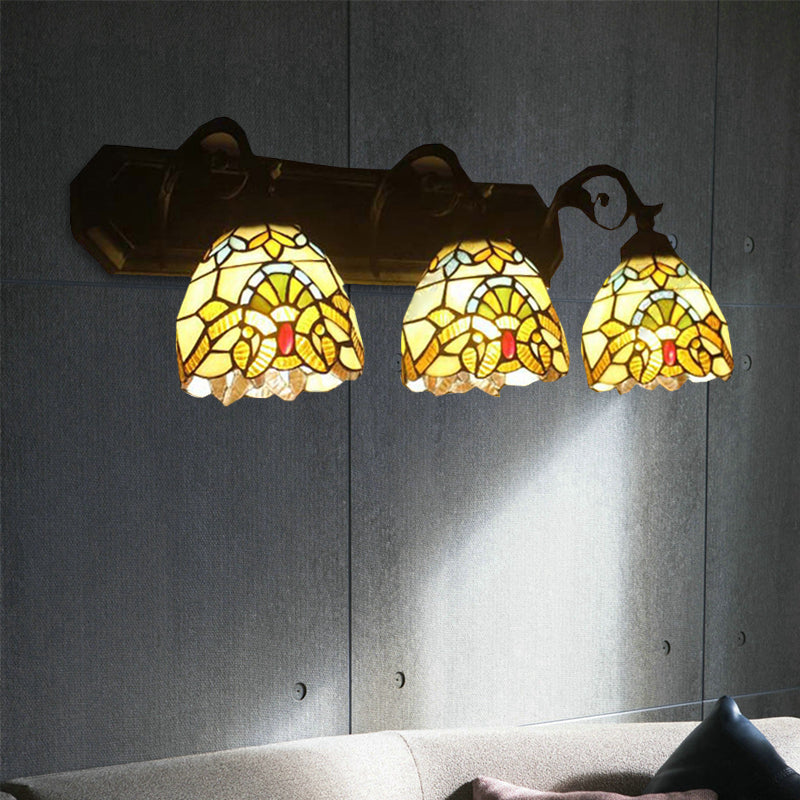 3 Lights Dome Wall Light Fixture with Mermaid/Arc Arm Baroque Style Stained Glass Wall Sconce Light in Brown Clearhalo 'Industrial' 'Middle century wall lights' 'Tiffany wall lights' 'Tiffany' 'Wall Lamps & Sconces' 'Wall Lights' Lighting' 172499