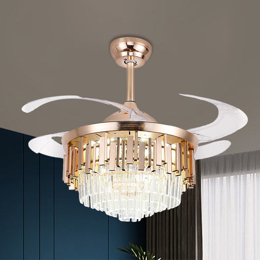 Tiered 4-Blade Semi Flush Mount Light Simple Crystal Rectangle 19" W LED Parlor Pendant Fan Lighting in Gold Gold Clearhalo 'Ceiling Fans with Lights' 'Ceiling Fans' 'Modern Ceiling Fans' 'Modern' Lighting' 1724990