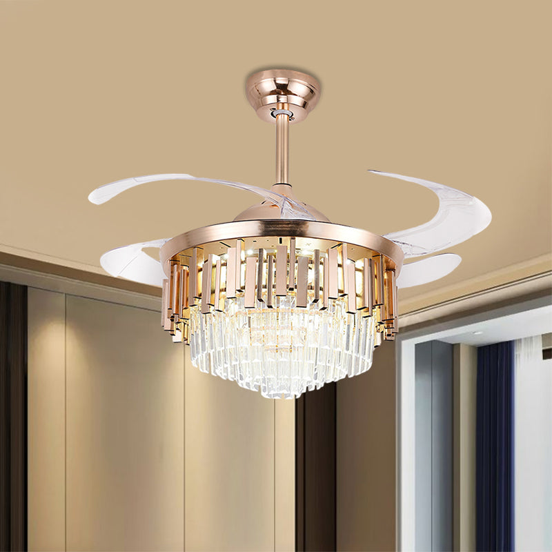 Tiered 4-Blade Semi Flush Mount Light Simple Crystal Rectangle 19" W LED Parlor Pendant Fan Lighting in Gold Clearhalo 'Ceiling Fans with Lights' 'Ceiling Fans' 'Modern Ceiling Fans' 'Modern' Lighting' 1724991