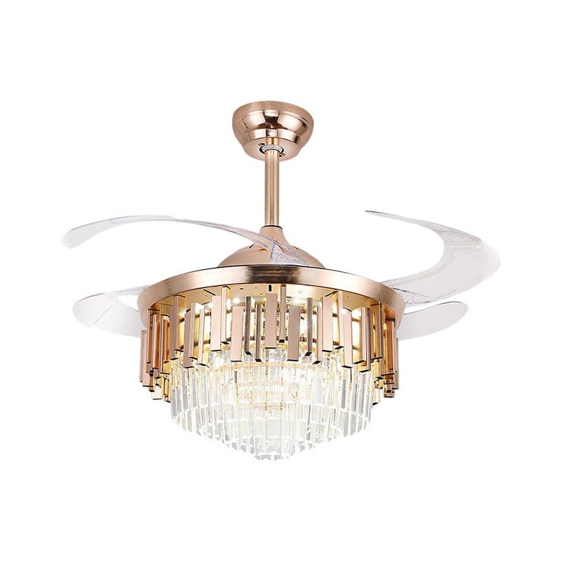 Tiered 4-Blade Semi Flush Mount Light Simple Crystal Rectangle 19" W LED Parlor Pendant Fan Lighting in Gold Clearhalo 'Ceiling Fans with Lights' 'Ceiling Fans' 'Modern Ceiling Fans' 'Modern' Lighting' 1724992