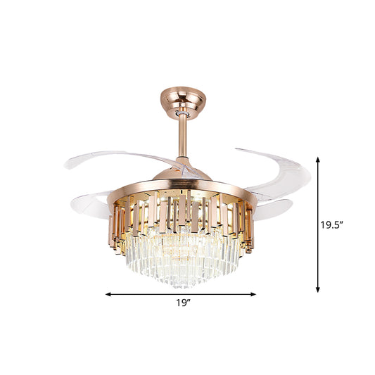 Tiered 4-Blade Semi Flush Mount Light Simple Crystal Rectangle 19" W LED Parlor Pendant Fan Lighting in Gold Clearhalo 'Ceiling Fans with Lights' 'Ceiling Fans' 'Modern Ceiling Fans' 'Modern' Lighting' 1724993
