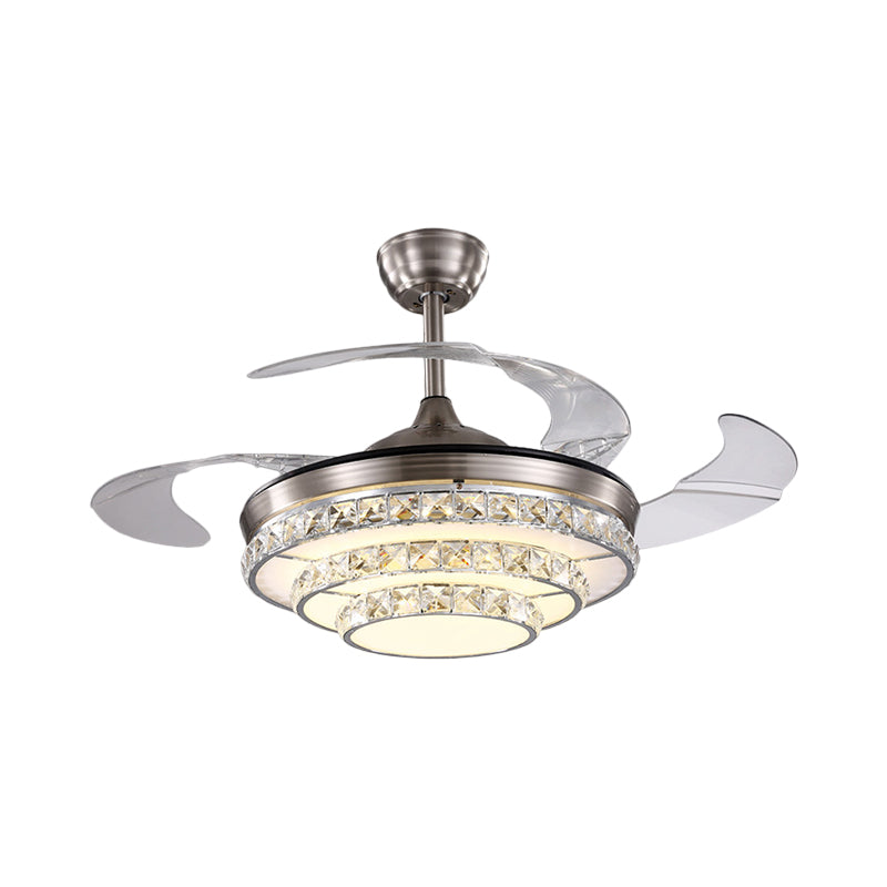 Modernism 3-Tier Ceiling Fan Lamp Crystal Block Drawing Room LED Semi Flush in Chrome with 4 Blades, 19" Wide Clearhalo 'Ceiling Fans with Lights' 'Ceiling Fans' 'Modern Ceiling Fans' 'Modern' Lighting' 1724996