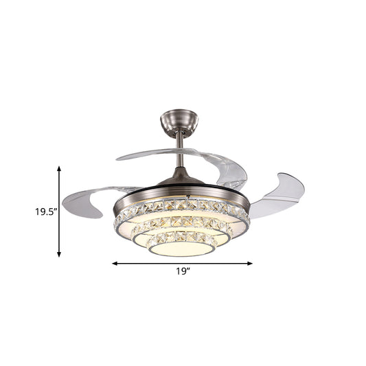 Modernism 3-Tier Ceiling Fan Lamp Crystal Block Drawing Room LED Semi Flush in Chrome with 4 Blades, 19" Wide Clearhalo 'Ceiling Fans with Lights' 'Ceiling Fans' 'Modern Ceiling Fans' 'Modern' Lighting' 1724997