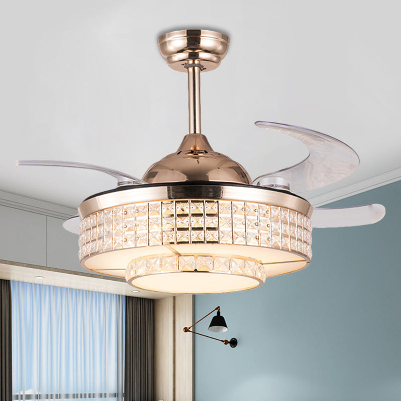 Acrylic Round Semi Mount Lighting Modernist 19" Wide LED Ceiling Fan Light with Crystal Deco in Rose Gold, 4-Blade Rose Gold Clearhalo 'Ceiling Fans with Lights' 'Ceiling Fans' 'Modern Ceiling Fans' 'Modern' Lighting' 1724998