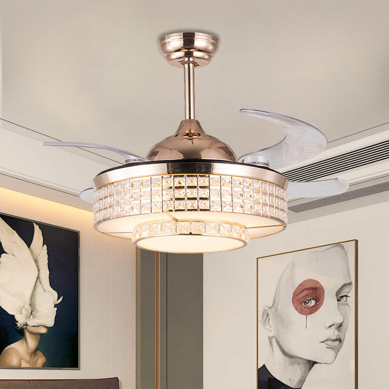 Acrylic Round Semi Mount Lighting Modernist 19" Wide LED Ceiling Fan Light with Crystal Deco in Rose Gold, 4-Blade Clearhalo 'Ceiling Fans with Lights' 'Ceiling Fans' 'Modern Ceiling Fans' 'Modern' Lighting' 1724999