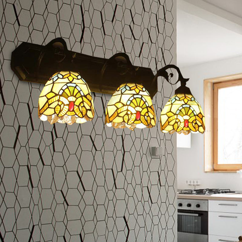 3 Lights Dome Wall Light Fixture with Mermaid/Arc Arm Baroque Style Stained Glass Wall Sconce Light in Brown Clearhalo 'Industrial' 'Middle century wall lights' 'Tiffany wall lights' 'Tiffany' 'Wall Lamps & Sconces' 'Wall Lights' Lighting' 172500