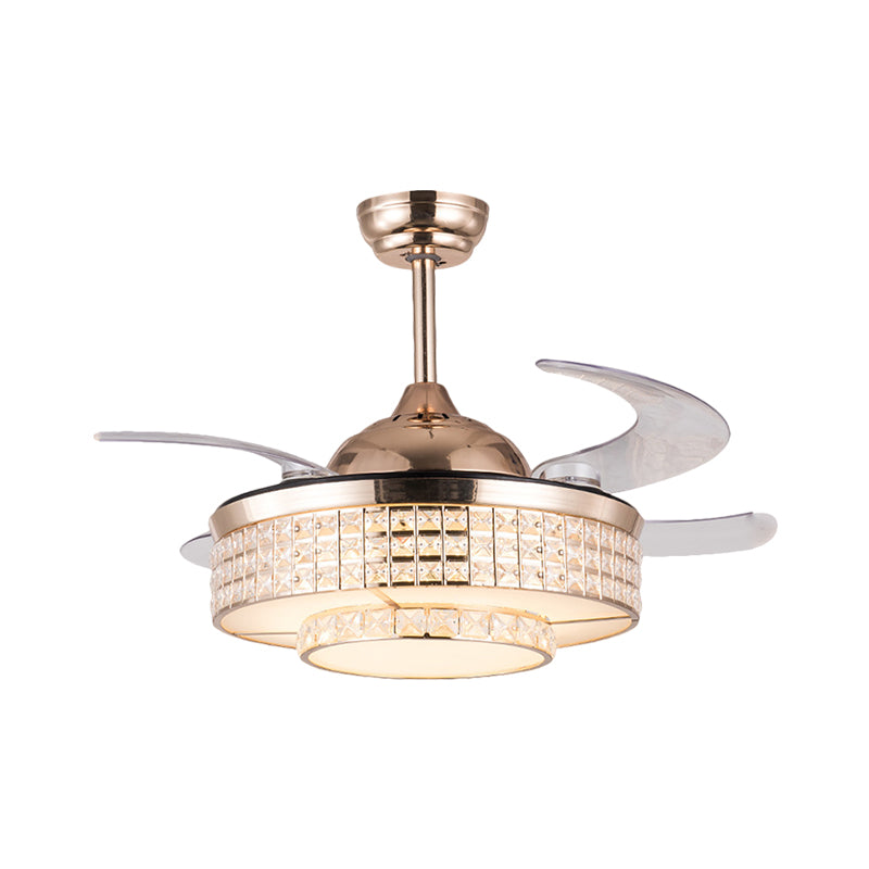 Acrylic Round Semi Mount Lighting Modernist 19" Wide LED Ceiling Fan Light with Crystal Deco in Rose Gold, 4-Blade Clearhalo 'Ceiling Fans with Lights' 'Ceiling Fans' 'Modern Ceiling Fans' 'Modern' Lighting' 1725000