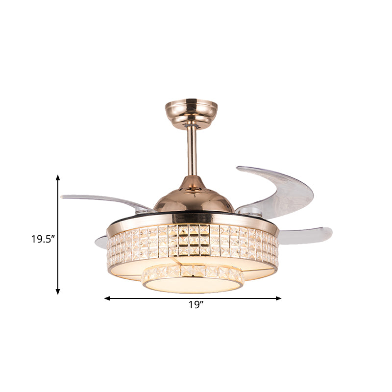 Acrylic Round Semi Mount Lighting Modernist 19" Wide LED Ceiling Fan Light with Crystal Deco in Rose Gold, 4-Blade Clearhalo 'Ceiling Fans with Lights' 'Ceiling Fans' 'Modern Ceiling Fans' 'Modern' Lighting' 1725001