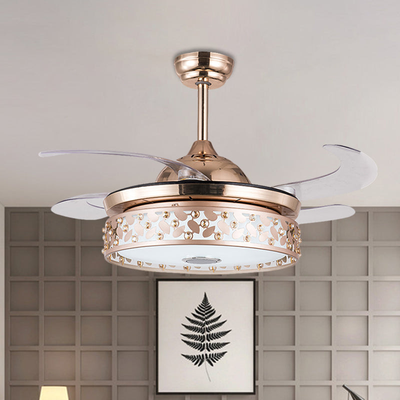 Copper LED Circular Semi Flush Lamp Simplicity Acrylic 4-Blade Hanging Fan Light with Crystal Deco, 19" Wide Clearhalo 'Ceiling Fans with Lights' 'Ceiling Fans' 'Modern Ceiling Fans' 'Modern' Lighting' 1725007