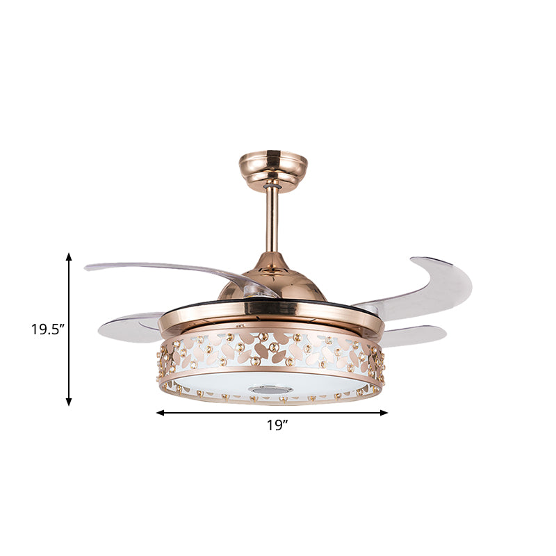Copper LED Circular Semi Flush Lamp Simplicity Acrylic 4-Blade Hanging Fan Light with Crystal Deco, 19" Wide Clearhalo 'Ceiling Fans with Lights' 'Ceiling Fans' 'Modern Ceiling Fans' 'Modern' Lighting' 1725009