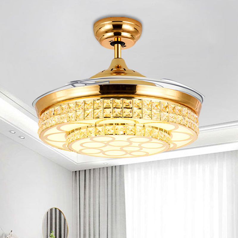 4-Blade Simple LED Pendant Fan Lighting Gold Circle Semi-Flush Mount with Crystal Shade, 19" Width Gold Clearhalo 'Ceiling Fans with Lights' 'Ceiling Fans' 'Modern Ceiling Fans' 'Modern' Lighting' 1725010