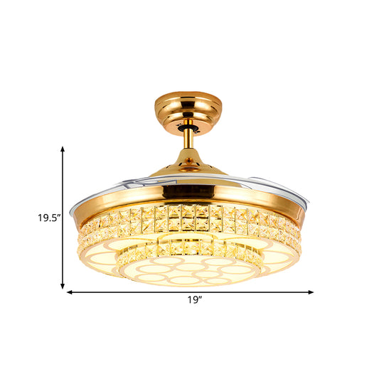 4-Blade Simple LED Pendant Fan Lighting Gold Circle Semi-Flush Mount with Crystal Shade, 19" Width Clearhalo 'Ceiling Fans with Lights' 'Ceiling Fans' 'Modern Ceiling Fans' 'Modern' Lighting' 1725013