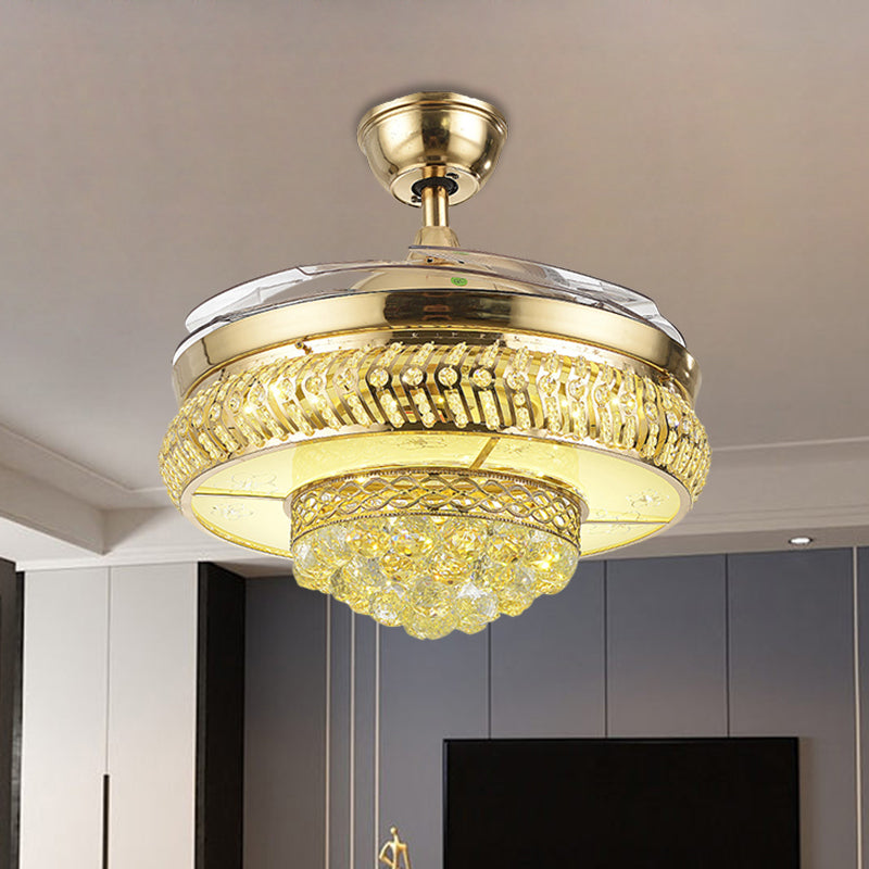Circular Great Room Ceiling Fan Light Faceted Crystal 19" W LED Simple Semi Flush Lamp in Gold, 4-Blade Gold Clearhalo 'Ceiling Fans with Lights' 'Ceiling Fans' 'Modern Ceiling Fans' 'Modern' Lighting' 1725018