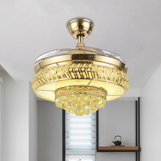 Circular Great Room Ceiling Fan Light Faceted Crystal 19" W LED Simple Semi Flush Lamp in Gold, 4-Blade Clearhalo 'Ceiling Fans with Lights' 'Ceiling Fans' 'Modern Ceiling Fans' 'Modern' Lighting' 1725019
